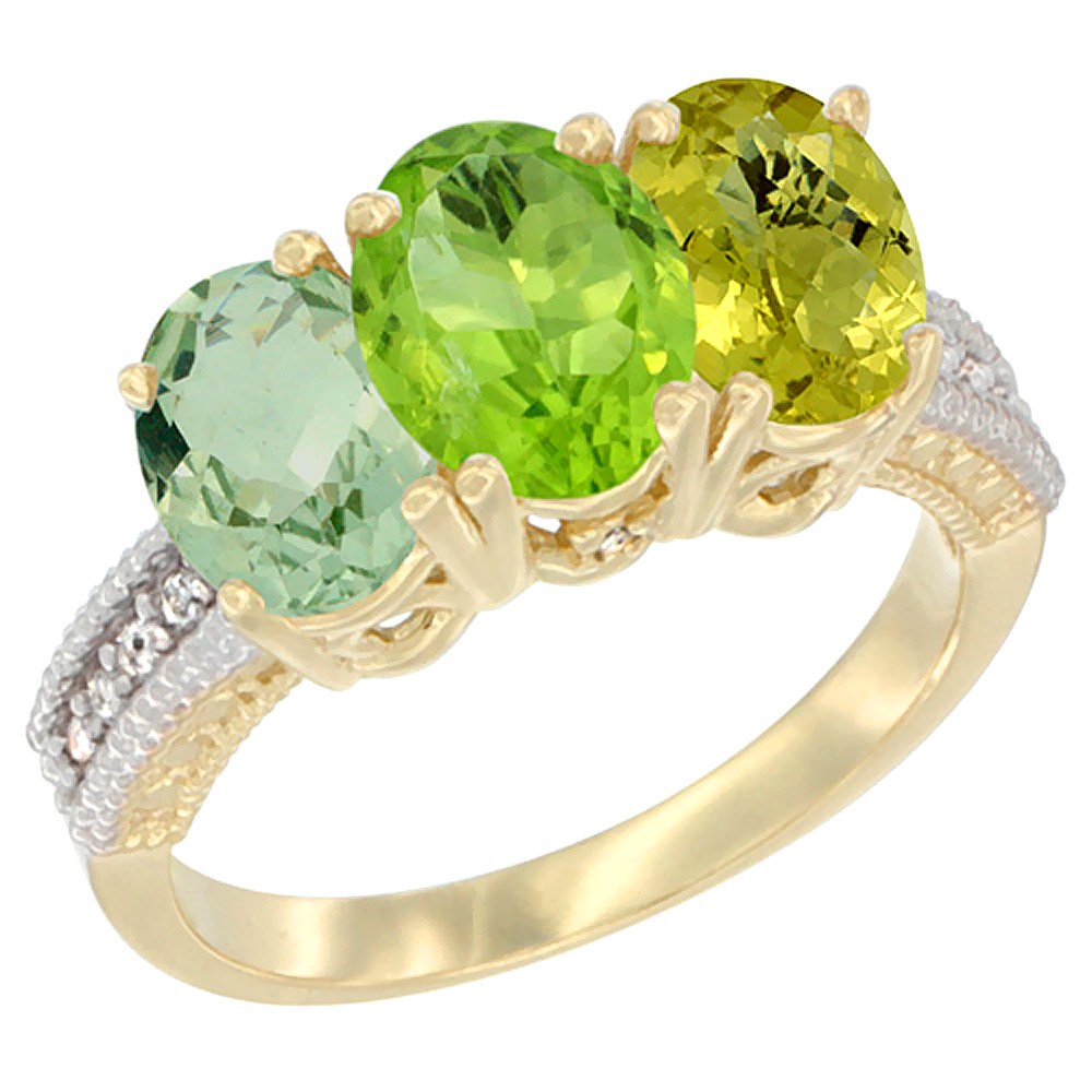 14K Yellow Gold Natural Green Amethyst, Peridot & Lemon Quartz Ring 3-Stone 7x5 mm Oval Diamond Accent, sizes 5 - 10