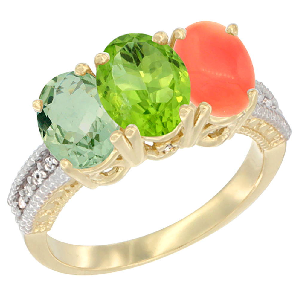 14K Yellow Gold Natural Green Amethyst, Peridot &amp; Coral Ring 3-Stone 7x5 mm Oval Diamond Accent, sizes 5 - 10