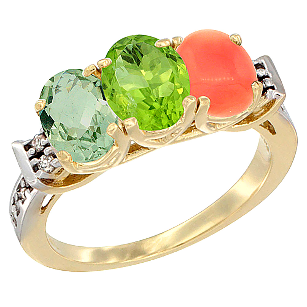 14K Yellow Gold Natural Green Amethyst, Peridot & Coral Ring 3-Stone 7x5 mm Oval Diamond Accent, sizes 5 - 10