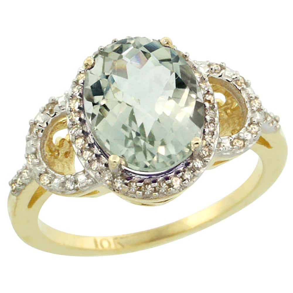 14K Yellow Gold Diamond Natural Green Amethyst Engagement Ring Oval 10x8mm, sizes 5-10
