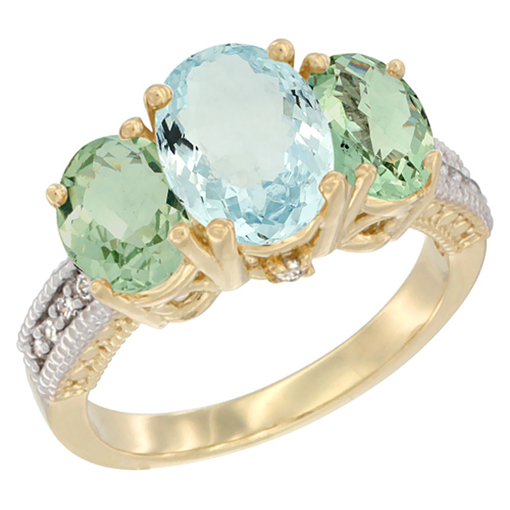 14K Yellow Gold Diamond Natural Aquamarine Ring 3-Stone Oval 8x6mm with Green Amethyst, sizes5-10
