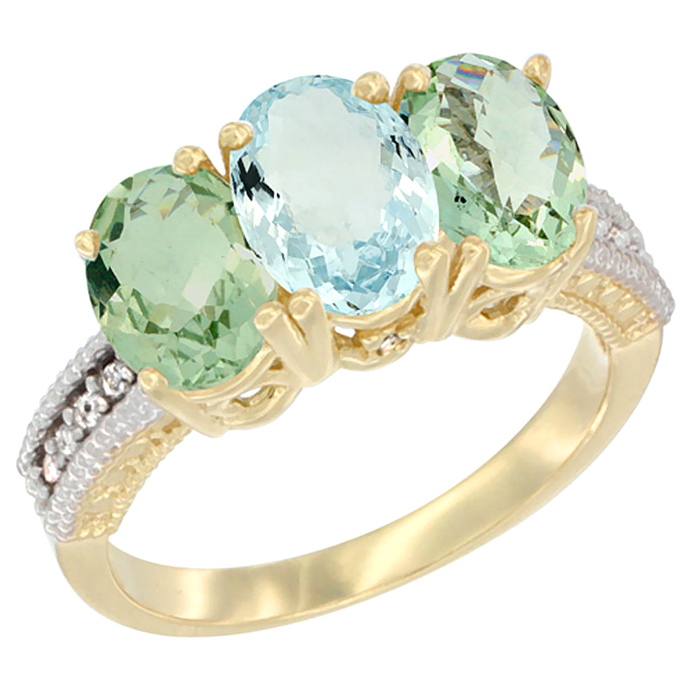 10K Yellow Gold Diamond Natural Aquamarine &amp; Green Amethyst Sides Ring 3-Stone Oval 7x5 mm, sizes 5 - 10