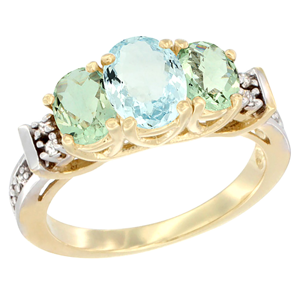 10K Yellow Gold Natural Aquamarine & Green Amethyst Ring 3-Stone Oval Diamond Accent