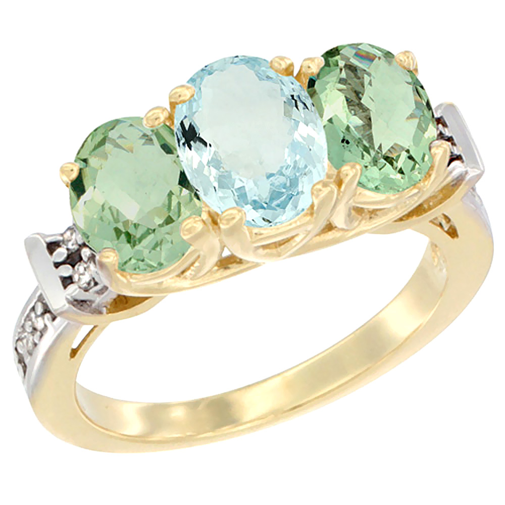 14K Yellow Gold Natural Aquamarine & Green Amethyst Sides Ring 3-Stone Oval Diamond Accent, sizes 5 - 10
