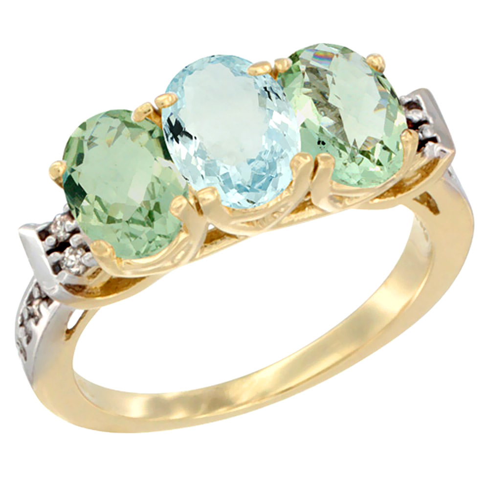 10K Yellow Gold Natural Aquamarine &amp; Green Amethyst Sides Ring 3-Stone Oval 7x5 mm Diamond Accent, sizes 5 - 10