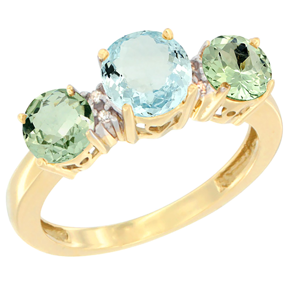 10K Yellow Gold Round 3-Stone Natural Aquamarine Ring & Green Amethyst Sides Diamond Accent, sizes 5 - 10