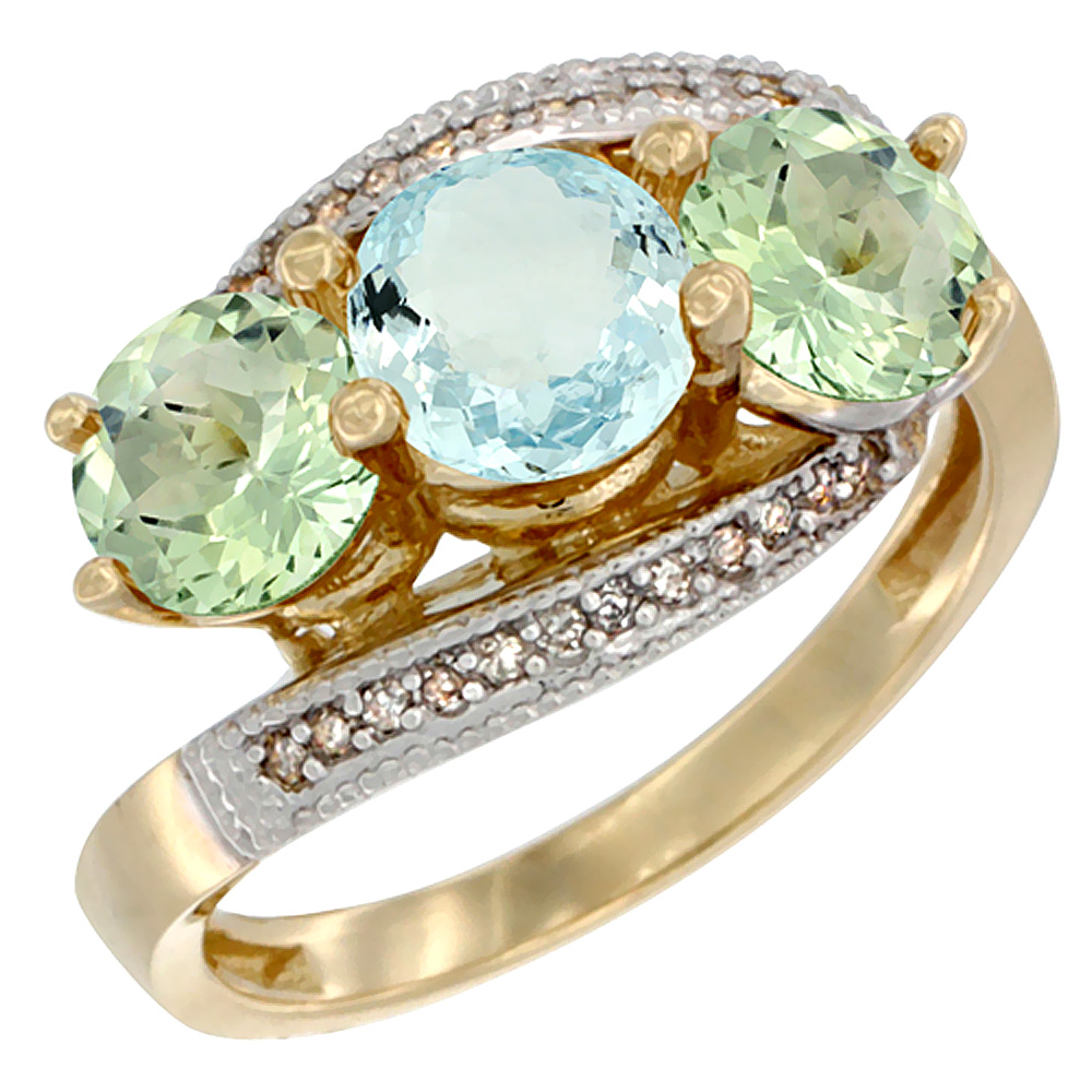 10K Yellow Gold Natural Aquamarine & Green Amethyst Sides 3 stone Ring Round 6mm Diamond Accent, sizes 5 - 10