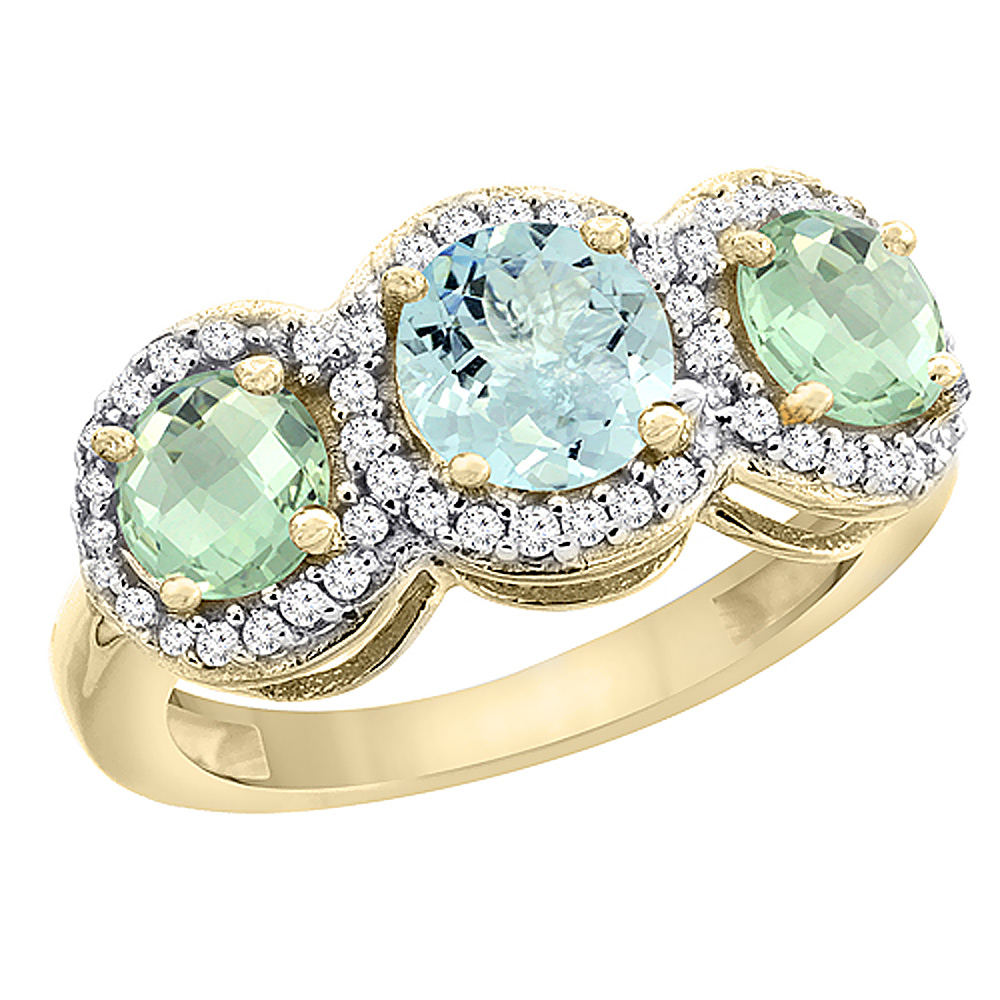 14K Yellow Gold Natural Aquamarine & Green Amethyst Sides Round 3-stone Ring Diamond Accents, sizes 5 - 10