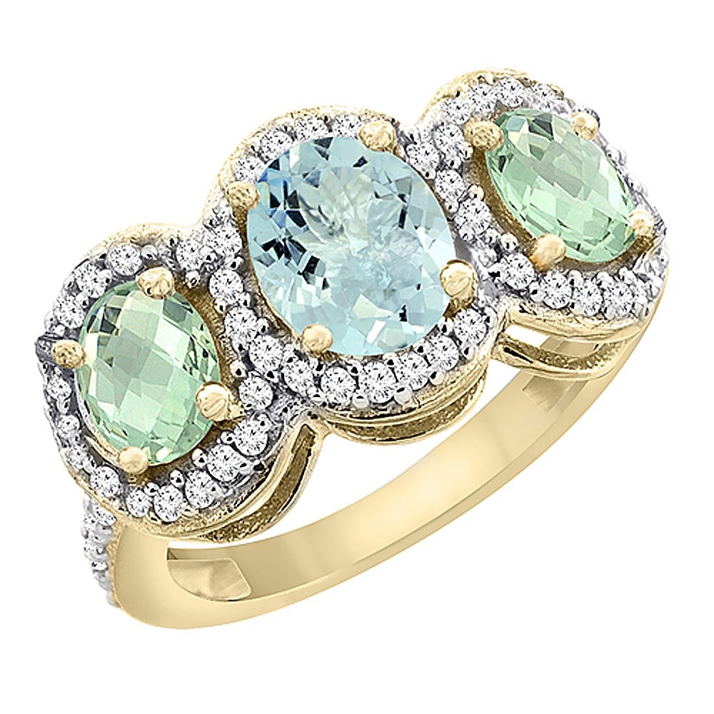 10K Yellow Gold Natural Aquamarine &amp; Green Amethyst 3-Stone Ring Oval Diamond Accent, sizes 5 - 10