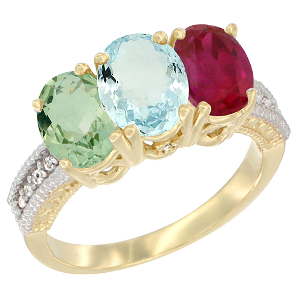 14K Yellow Gold Natural Green Amethyst, Aquamarine & Enhanced Ruby Ring 3-Stone 7x5 mm Oval Diamond Accent, sizes 5 - 10