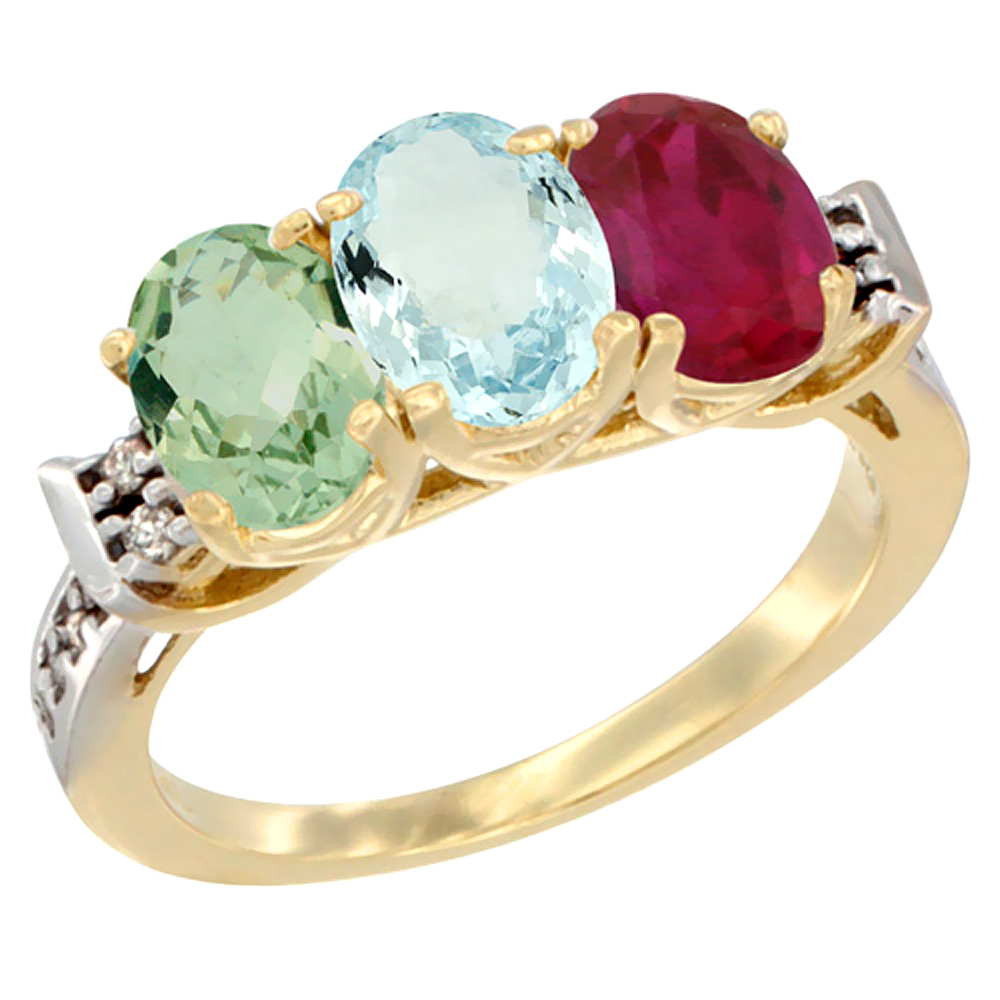 14K Yellow Gold Natural Green Amethyst, Aquamarine &amp; Enhanced Ruby Ring 3-Stone 7x5 mm Oval Diamond Accent, sizes 5 - 10
