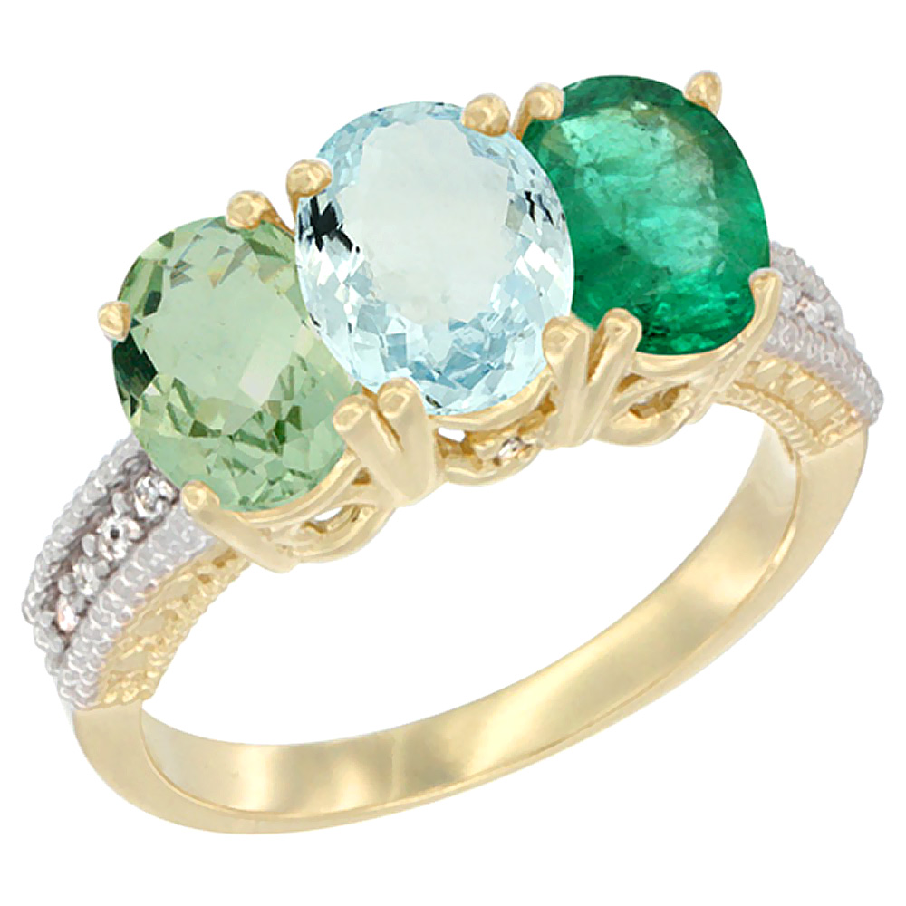 14K Yellow Gold Natural Green Amethyst, Aquamarine &amp; Emerald Ring 3-Stone 7x5 mm Oval Diamond Accent, sizes 5 - 10