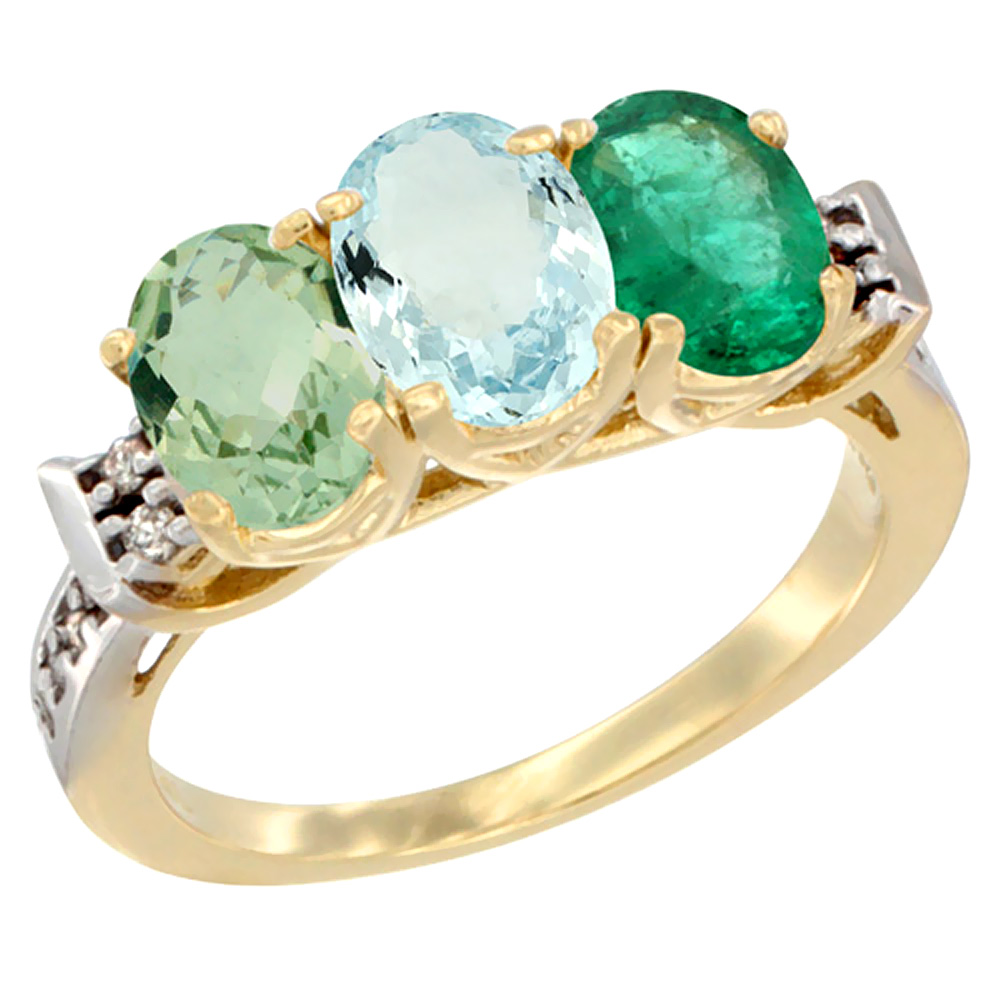10K Yellow Gold Natural Green Amethyst, Aquamarine & Emerald Ring 3-Stone Oval 7x5 mm Diamond Accent, sizes 5 - 10