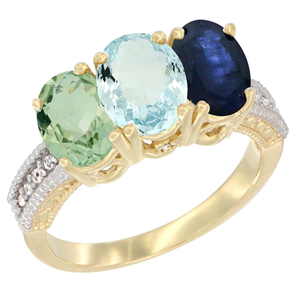 10K Yellow Gold Diamond Natural Green Amethyst, Aquamarine & Blue Sapphire Ring 3-Stone Oval 7x5 mm, sizes 5 - 10