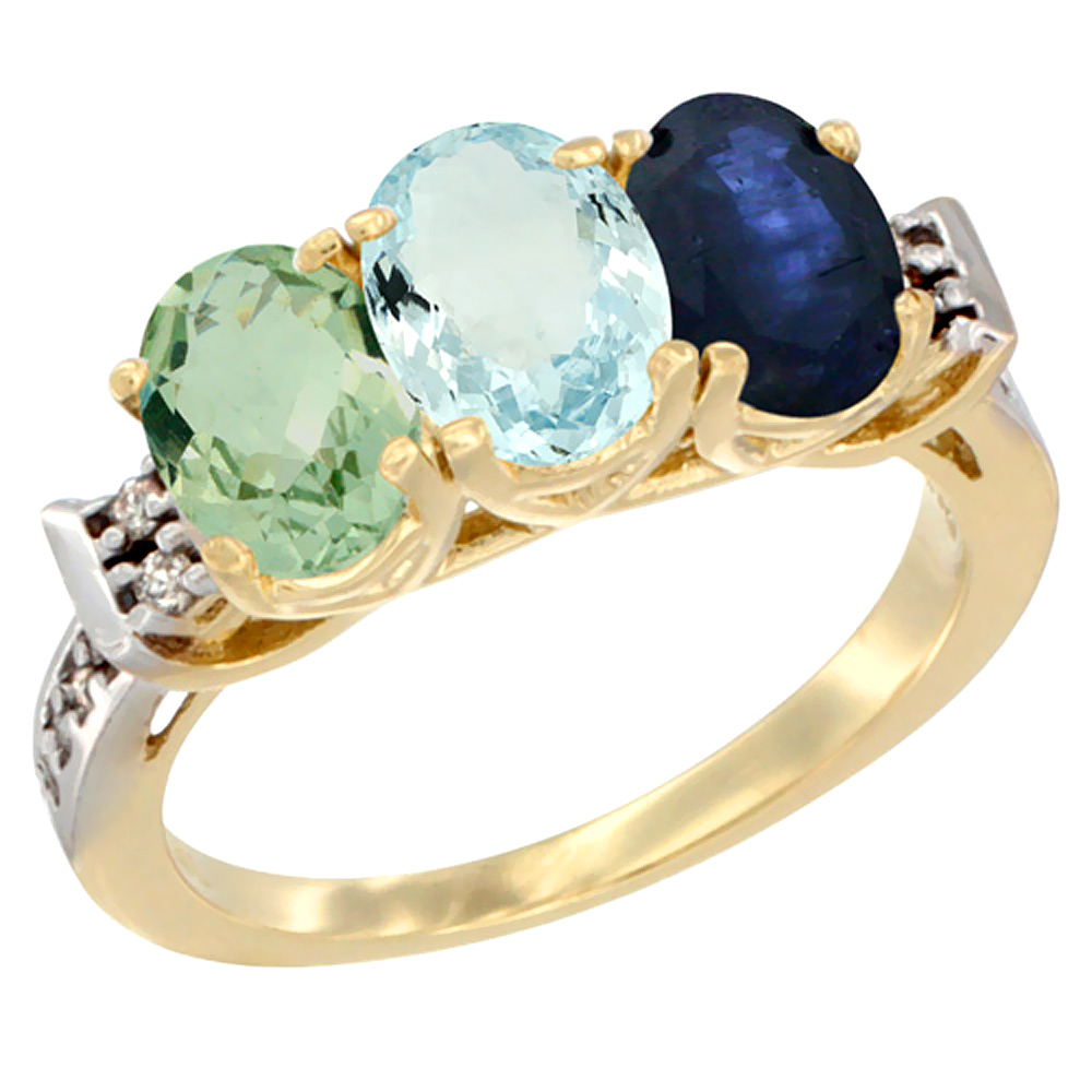 14K Yellow Gold Natural Green Amethyst, Aquamarine &amp; Blue Sapphire Ring 3-Stone 7x5 mm Oval Diamond Accent, sizes 5 - 10