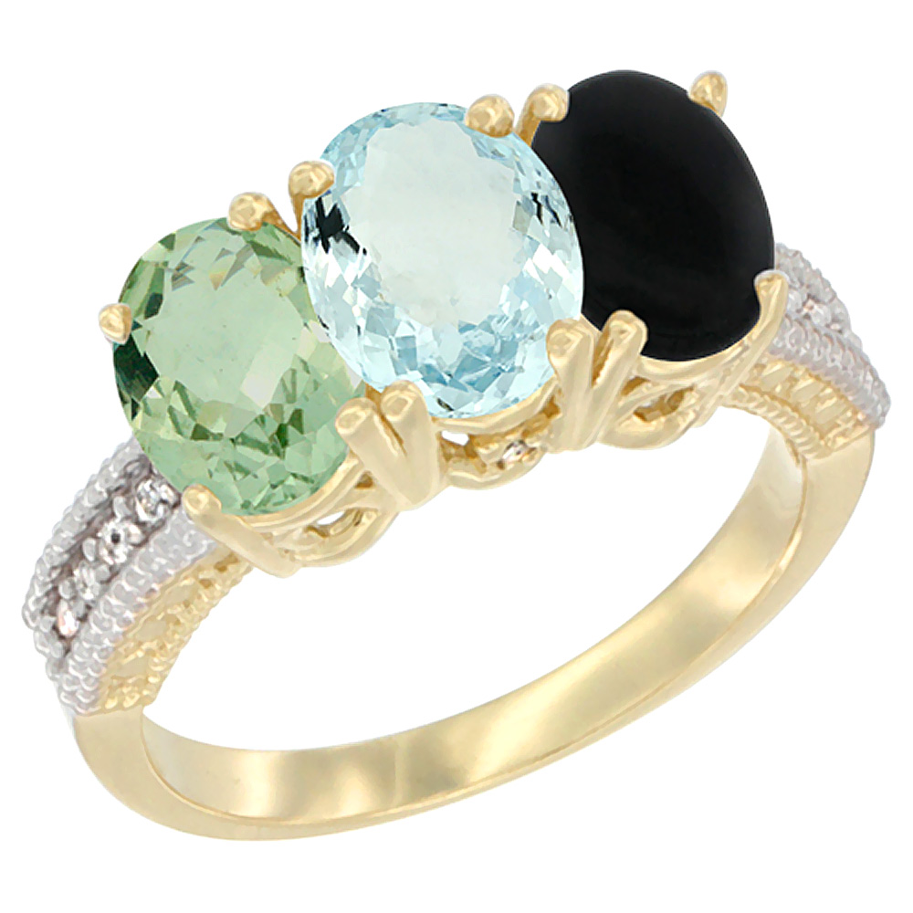 10K Yellow Gold Diamond Natural Green Amethyst, Aquamarine & Black Onyx Ring 3-Stone Oval 7x5 mm, sizes 5 - 10