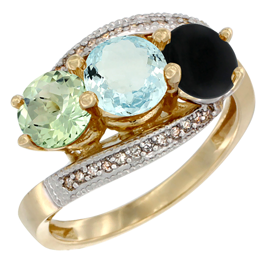 10K Yellow Gold Natural Green Amethyst, Aquamarine &amp; Black Onyx 3 stone Ring Round 6mm Diamond Accent, sizes 5 - 10