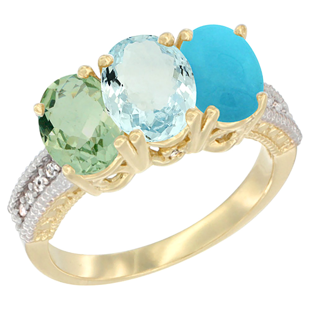 14K Yellow Gold Natural Green Amethyst, Aquamarine &amp; Turquoise Ring 3-Stone 7x5 mm Oval Diamond Accent, sizes 5 - 10