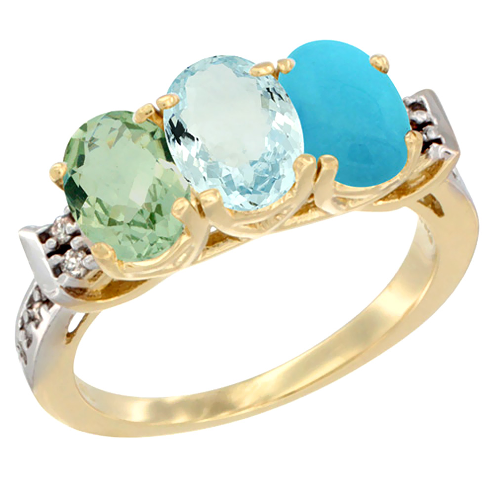 14K Yellow Gold Natural Green Amethyst, Aquamarine & Turquoise Ring 3-Stone 7x5 mm Oval Diamond Accent, sizes 5 - 10