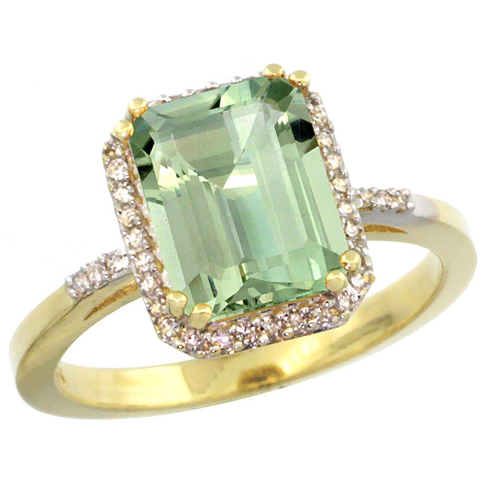 10K Yellow Gold Diamond Genuine Green Amethyst Ring Emerald-cut 9x7mm sizes 5-10