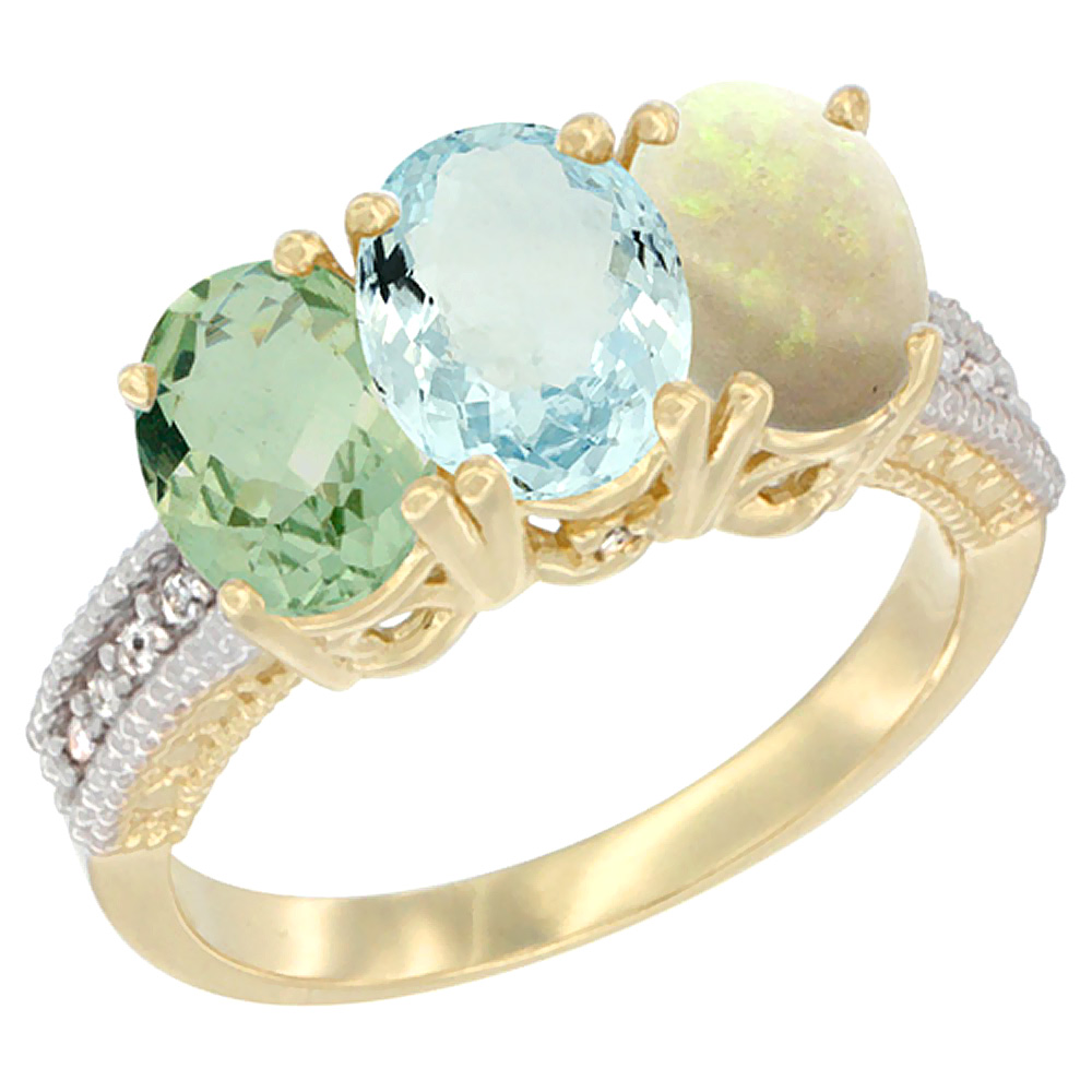 14K Yellow Gold Natural Green Amethyst, Aquamarine & Opal Ring 3-Stone 7x5 mm Oval Diamond Accent, sizes 5 - 10