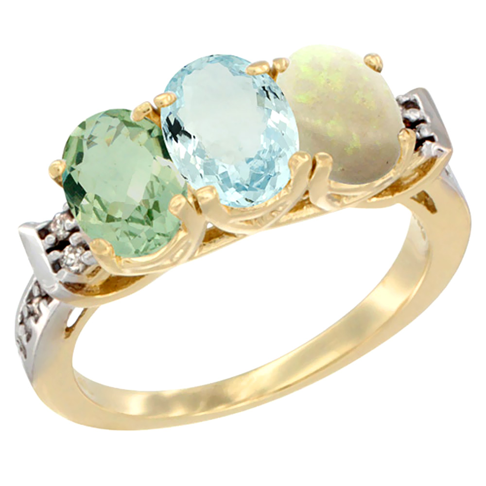 10K Yellow Gold Natural Green Amethyst, Aquamarine & Opal Ring 3-Stone Oval 7x5 mm Diamond Accent, sizes 5 - 10