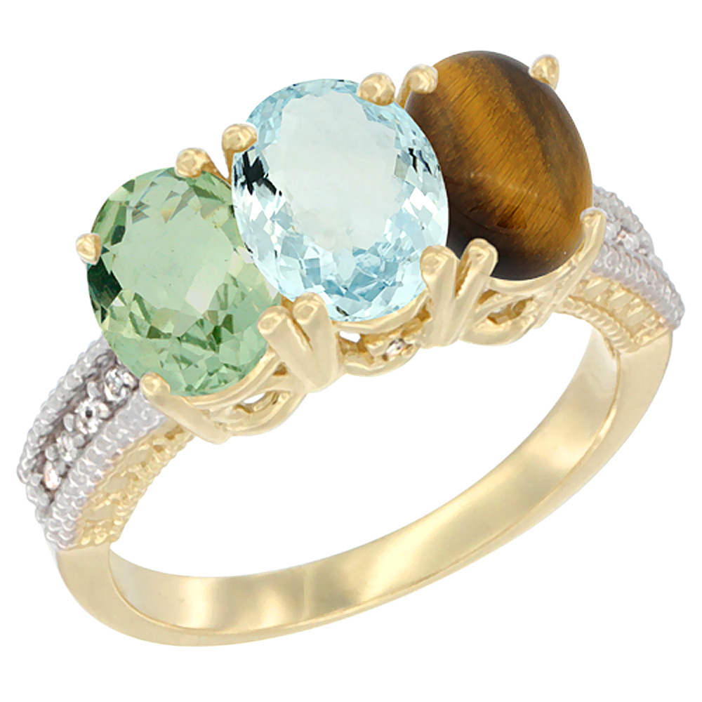 14K Yellow Gold Natural Green Amethyst, Aquamarine & Tiger Eye Ring 3-Stone 7x5 mm Oval Diamond Accent, sizes 5 - 10
