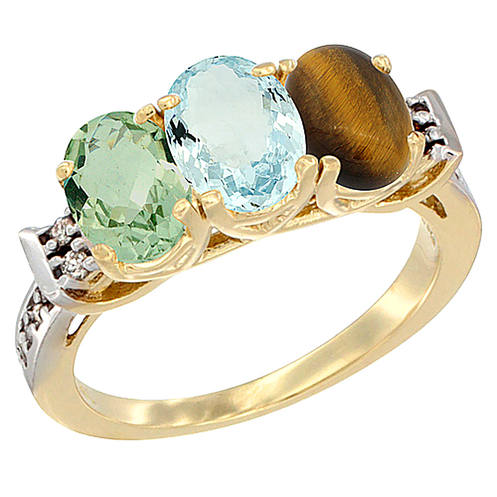 10K Yellow Gold Natural Green Amethyst, Aquamarine &amp; Tiger Eye Ring 3-Stone Oval 7x5 mm Diamond Accent, sizes 5 - 10