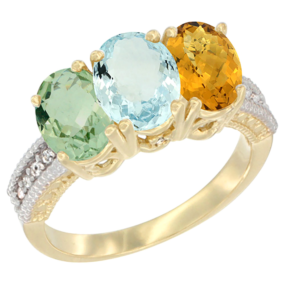 10K Yellow Gold Diamond Natural Green Amethyst, Aquamarine &amp; Whisky Quartz Ring 3-Stone Oval 7x5 mm, sizes 5 - 10