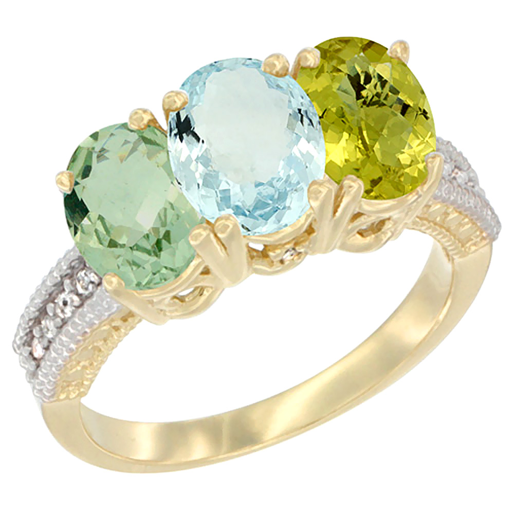 14K Yellow Gold Natural Green Amethyst, Aquamarine & Lemon Quartz Ring 3-Stone 7x5 mm Oval Diamond Accent, sizes 5 - 10
