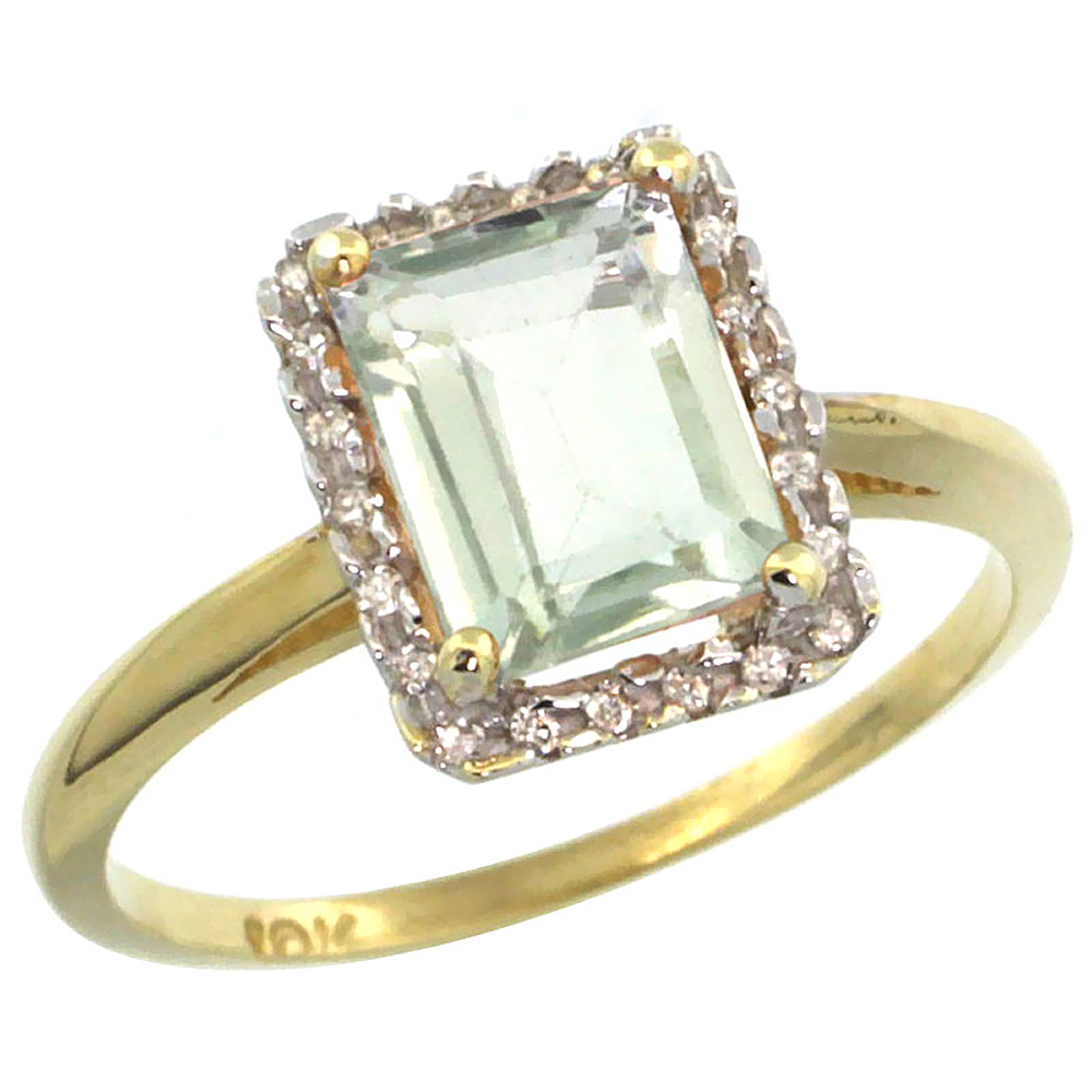 10K Yellow Gold Diamond Genuine Green Amethyst Ring Emerald-cut 8x6mm sizes 5-10