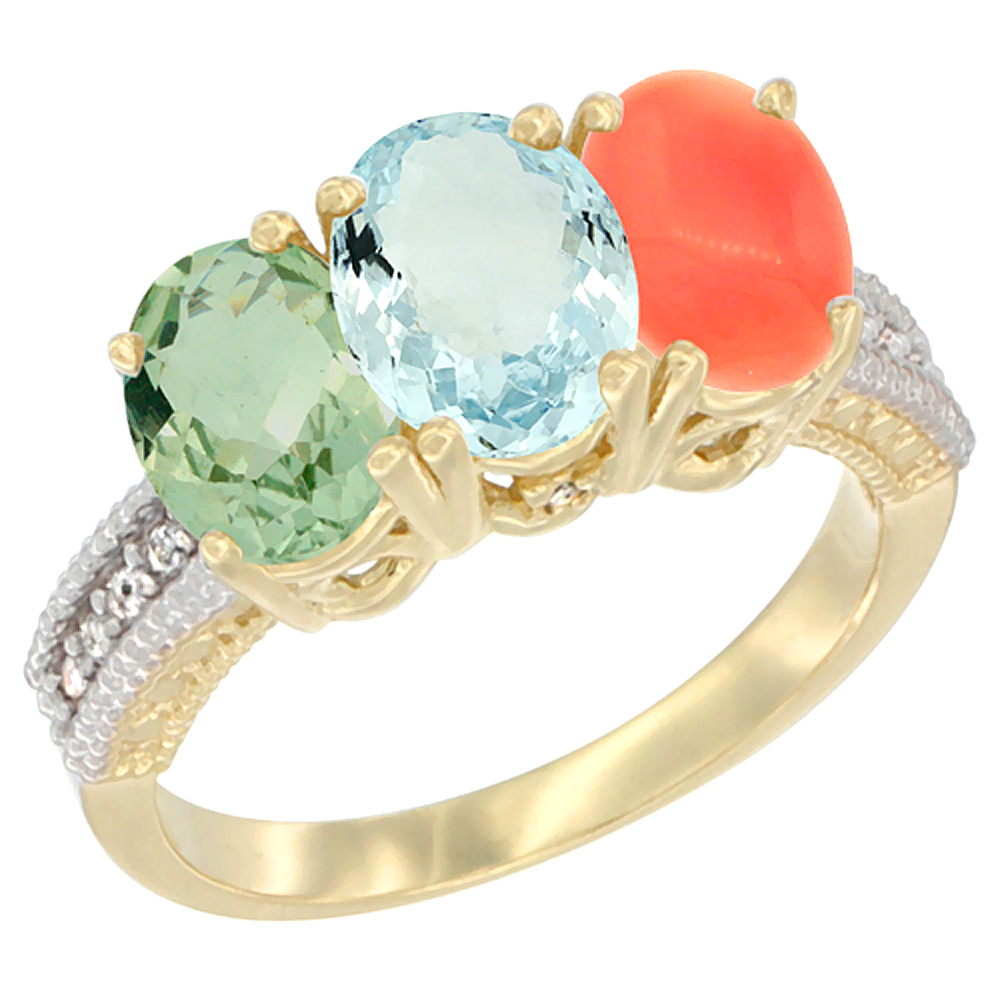 10K Yellow Gold Diamond Natural Green Amethyst, Aquamarine &amp; Coral Ring 3-Stone Oval 7x5 mm, sizes 5 - 10