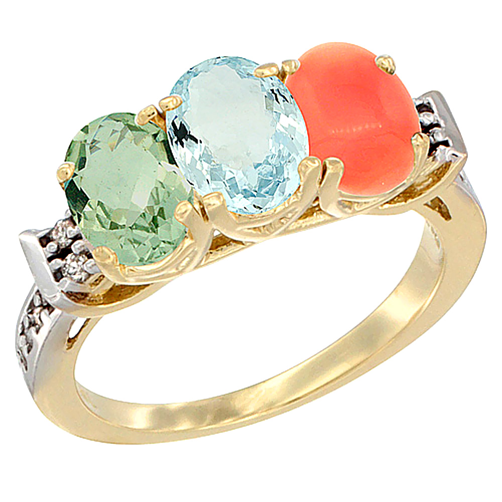 14K Yellow Gold Natural Green Amethyst, Aquamarine & Coral Ring 3-Stone 7x5 mm Oval Diamond Accent, sizes 5 - 10