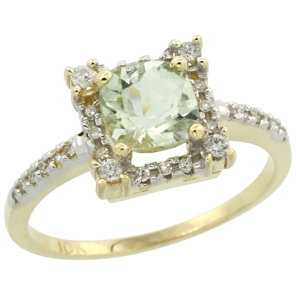 10k Yellow Gold Diamond Halo Genuine Green Amethyst Ring Cushion-cut 6x6mm sizes 5-10