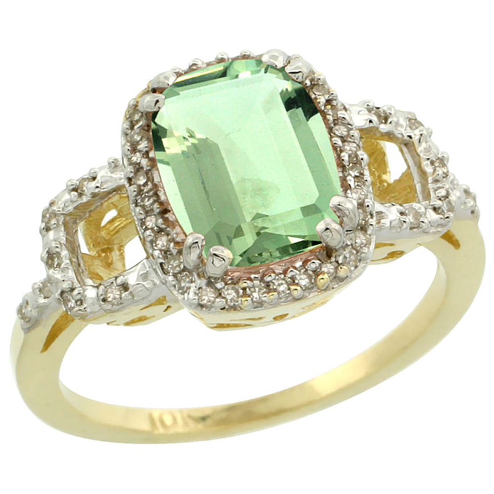 10K Yellow Gold Diamond Genuine Green Amethyst Ring Cushion-cut 9x7mm sizes 5-10