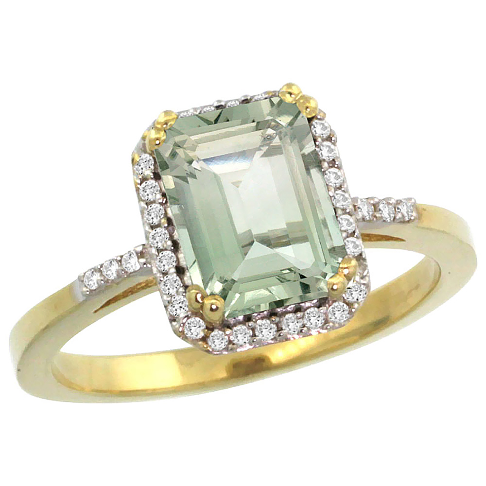 14K Yellow Gold Diamond Natural Green Amethyst Ring Emerald-cut 8x6mm, sizes 5-10