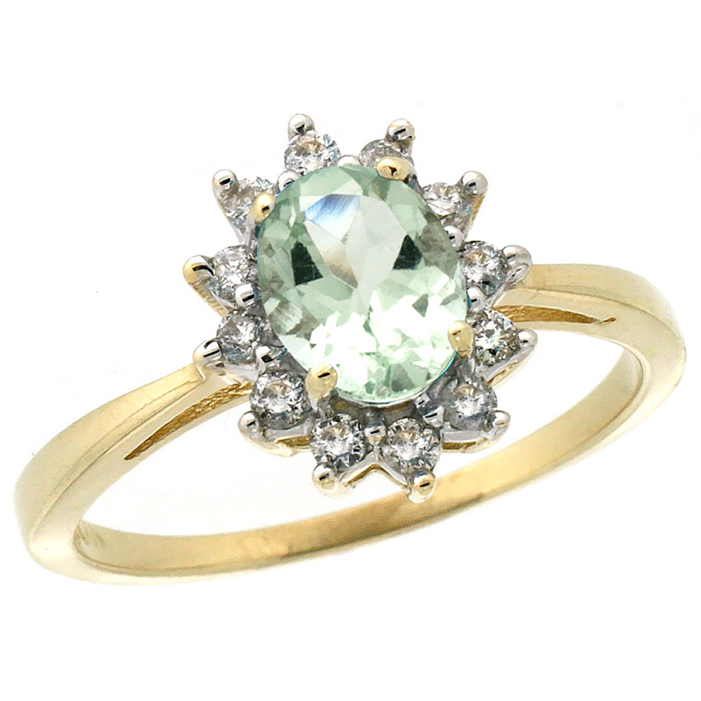 14K Yellow Gold Natural Green Amethyst Engagement Ring Oval 7x5mm Diamond Halo, sizes 5-10
