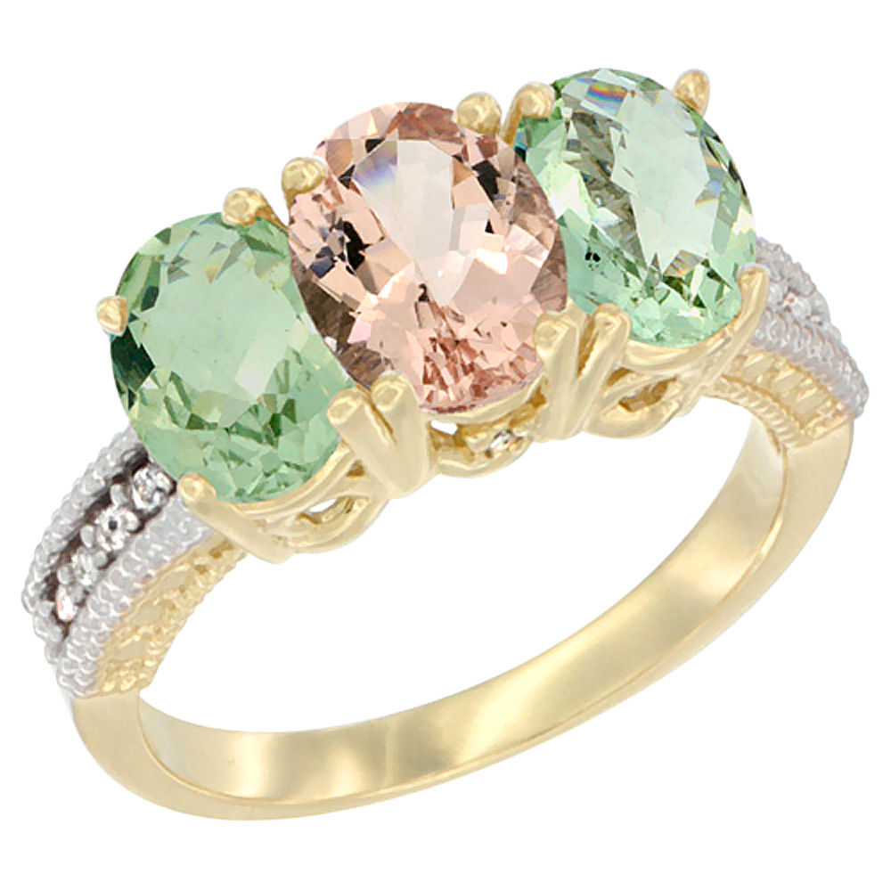 14K Yellow Gold Natural Morganite &amp; Green Amethyst Sides Ring 3-Stone 7x5 mm Oval Diamond Accent, sizes 5 - 10