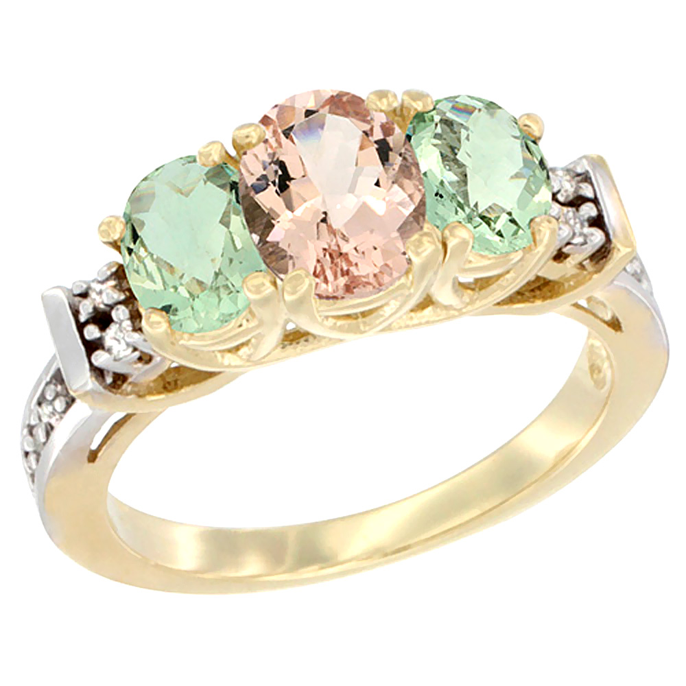 10K Yellow Gold Natural Morganite & Green Amethyst Ring 3-Stone Oval Diamond Accent