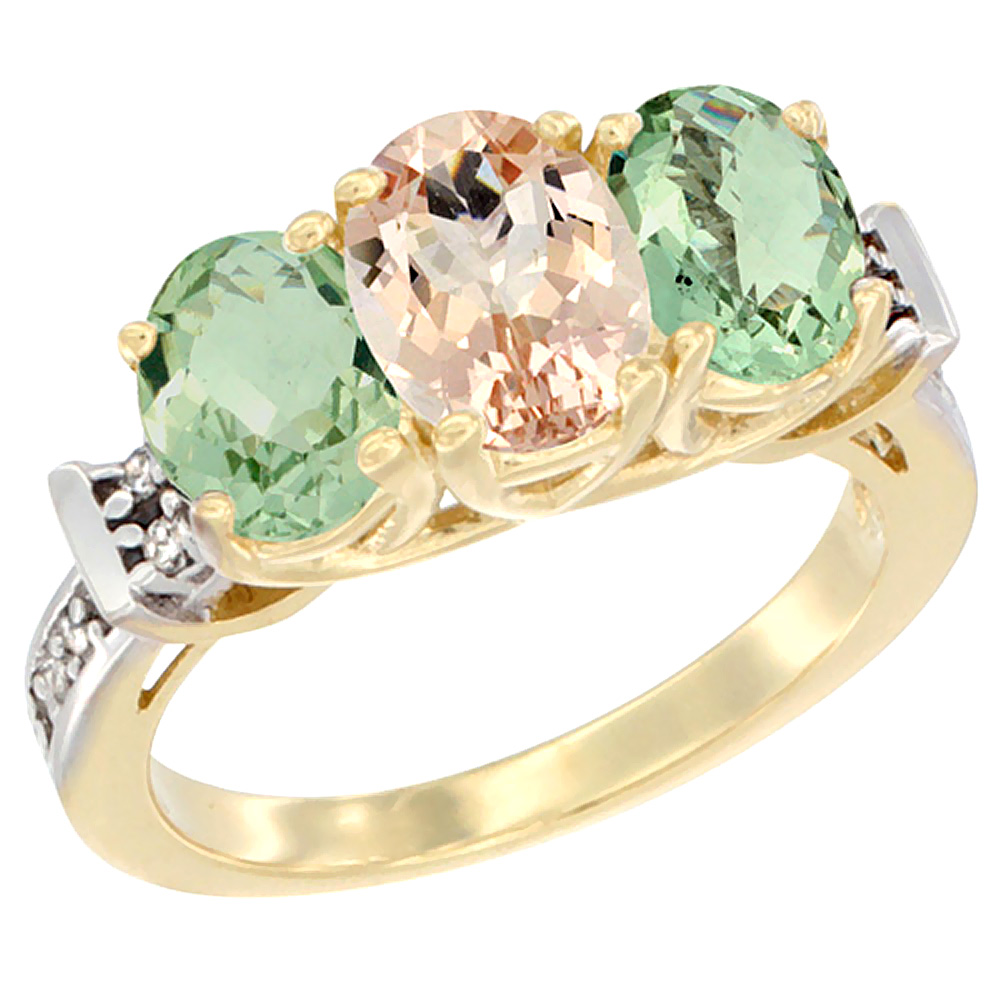 10K Yellow Gold Natural Morganite & Green Amethyst Sides Ring 3-Stone Oval Diamond Accent, sizes 5 - 10