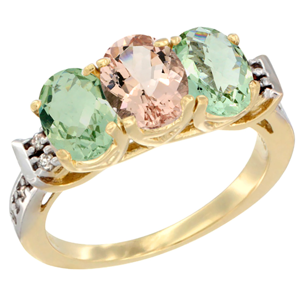 10K Yellow Gold Natural Morganite & Green Amethyst Sides Ring 3-Stone Oval 7x5 mm Diamond Accent, sizes 5 - 10