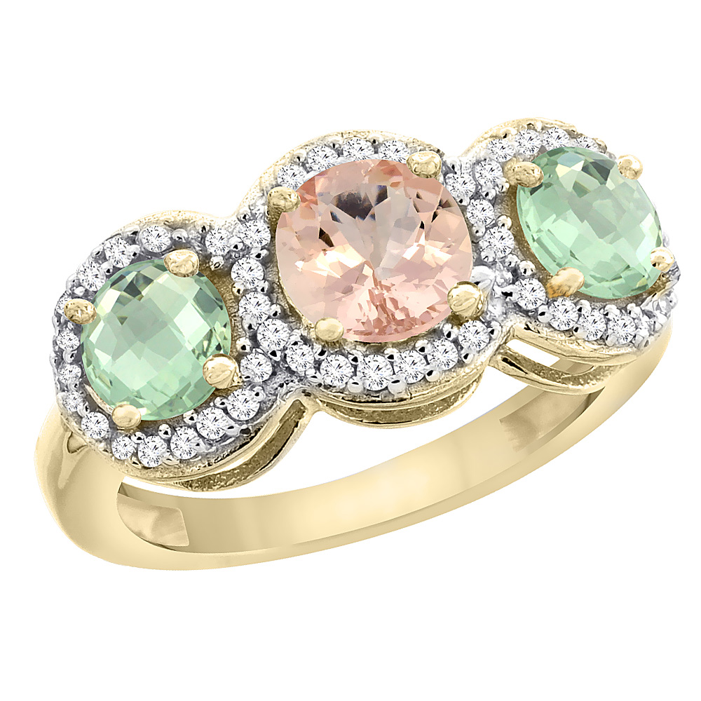10K Yellow Gold Natural Morganite & Green Amethyst Sides Round 3-stone Ring Diamond Accents, sizes 5 - 10