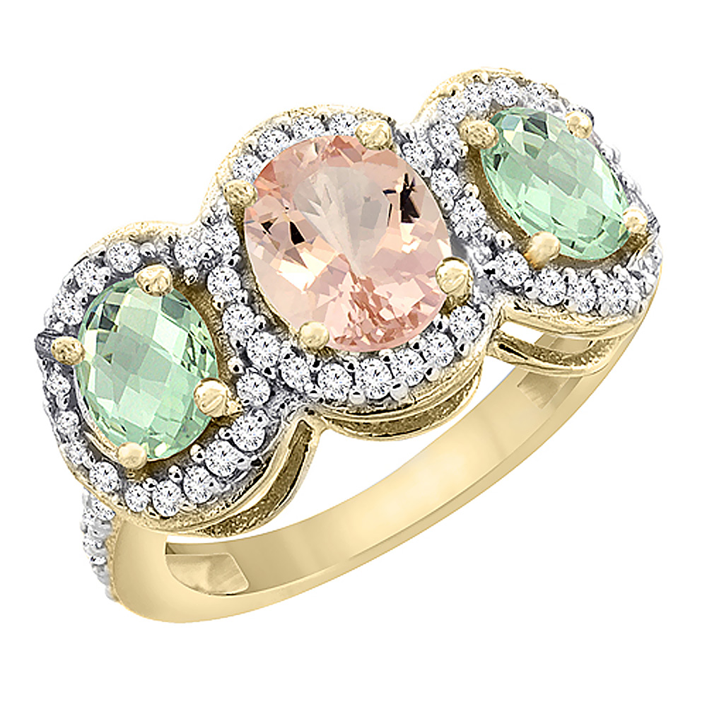 14K Yellow Gold Natural Morganite &amp; Green Amethyst 3-Stone Ring Oval Diamond Accent, sizes 5 - 10