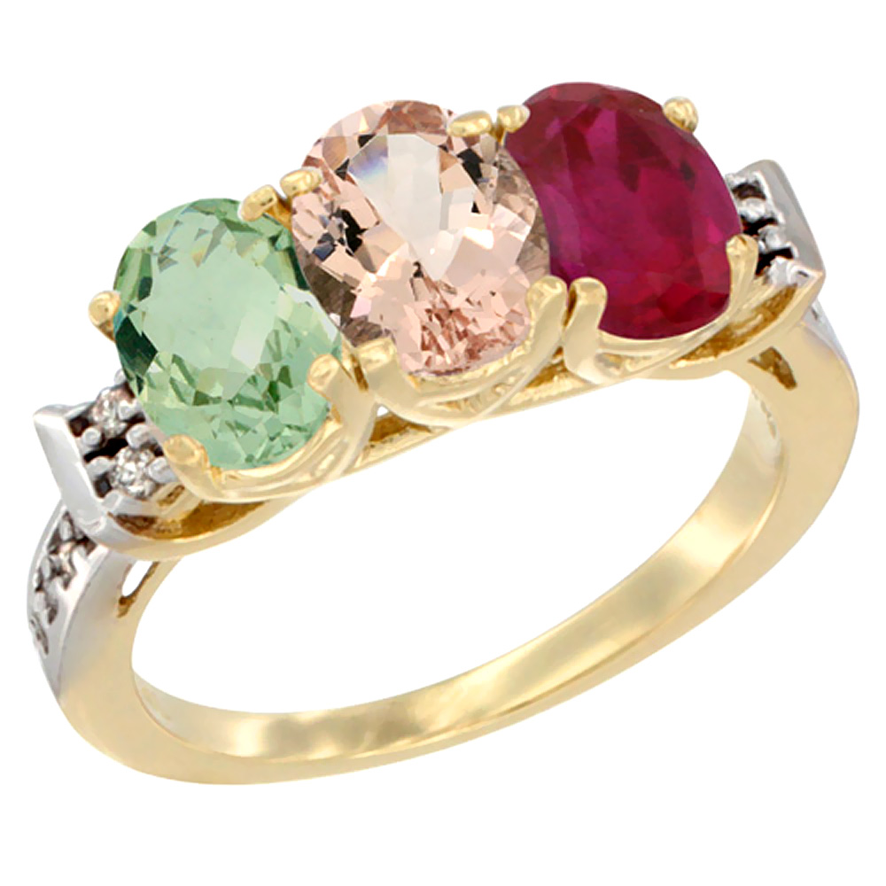 10K Yellow Gold Natural Green Amethyst, Morganite & Enhanced Ruby Ring 3-Stone Oval 7x5 mm Diamond Accent, sizes 5 - 10
