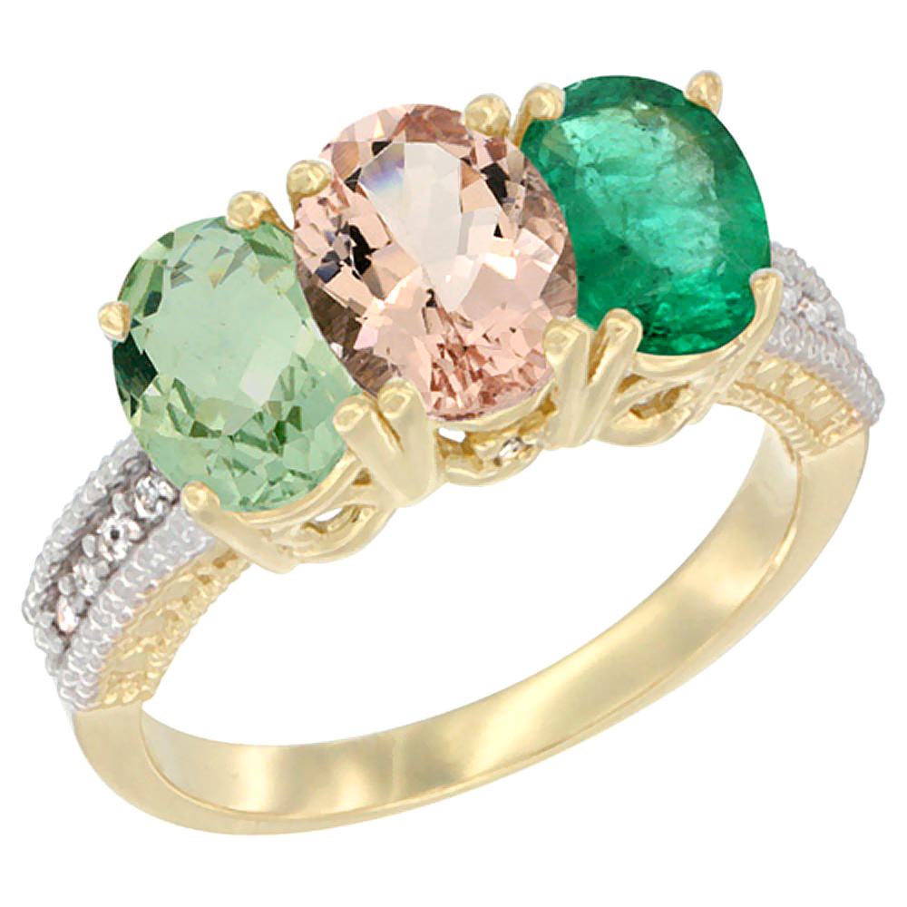14K Yellow Gold Natural Green Amethyst, Morganite & Emerald Ring 3-Stone 7x5 mm Oval Diamond Accent, sizes 5 - 10