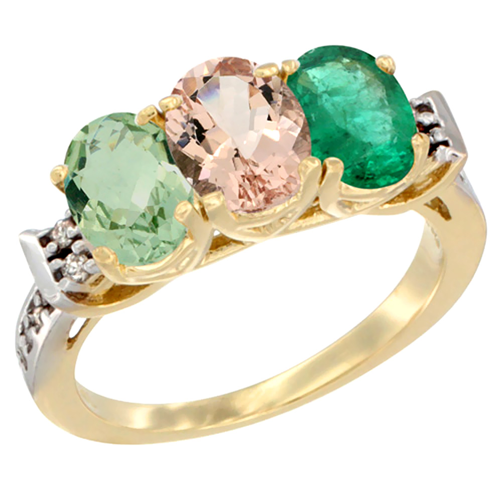 14K Yellow Gold Natural Green Amethyst, Morganite &amp; Emerald Ring 3-Stone 7x5 mm Oval Diamond Accent, sizes 5 - 10