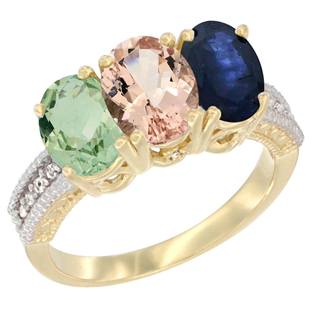 14K Yellow Gold Natural Green Amethyst, Morganite & Blue Sapphire Ring 3-Stone 7x5 mm Oval Diamond Accent, sizes 5 - 10