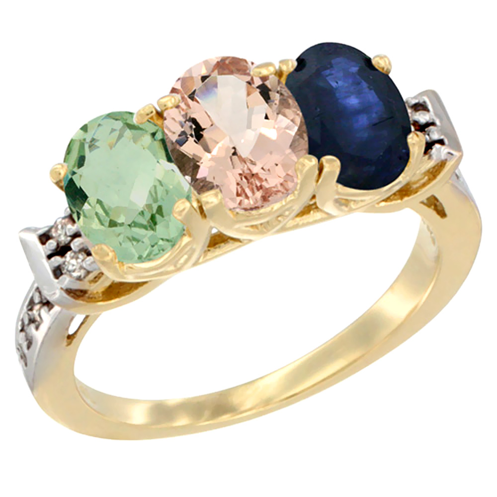 14K Yellow Gold Natural Green Amethyst, Morganite &amp; Blue Sapphire Ring 3-Stone 7x5 mm Oval Diamond Accent, sizes 5 - 10