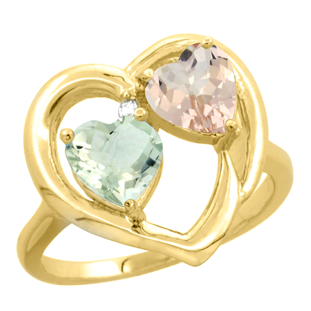 10K Yellow Gold Diamond Two-stone Heart Ring 6mm Natural Green Amethyst & Morganite, sizes 5-10