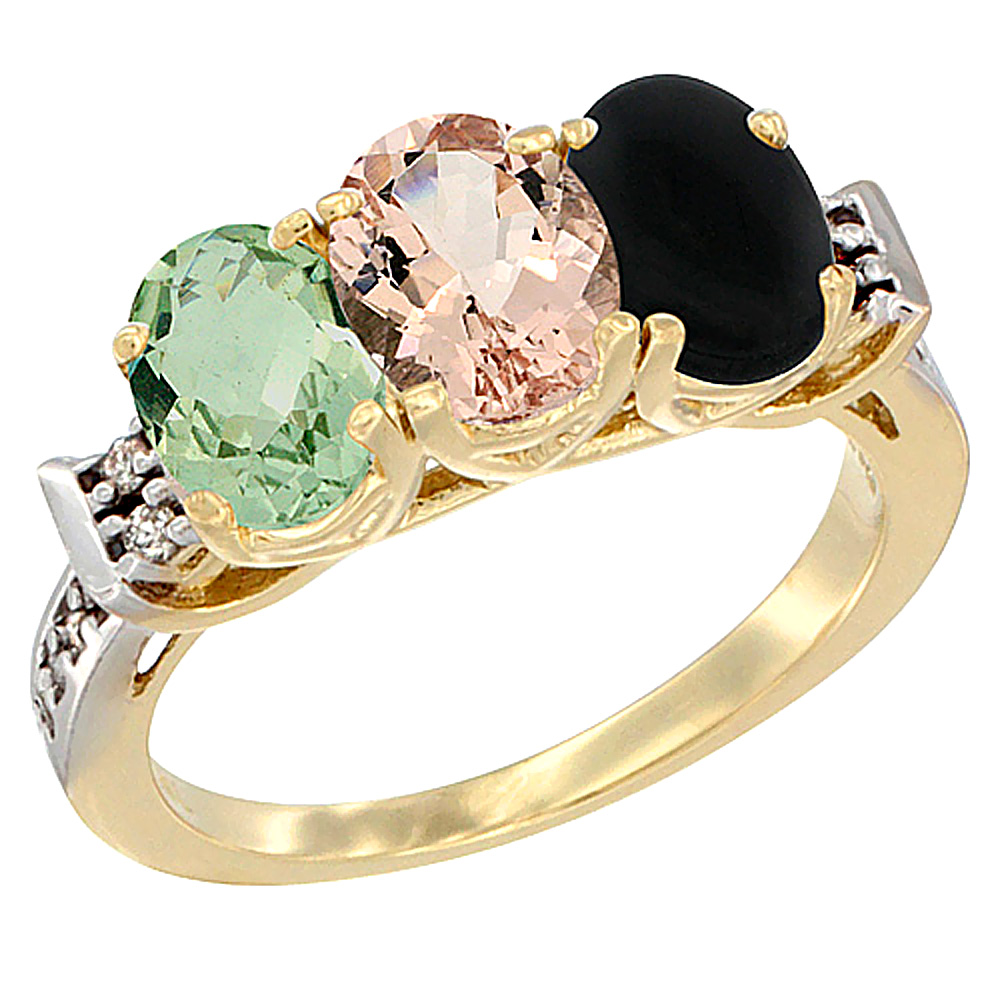 14K Yellow Gold Natural Green Amethyst, Morganite &amp; Black Onyx Ring 3-Stone 7x5 mm Oval Diamond Accent, sizes 5 - 10
